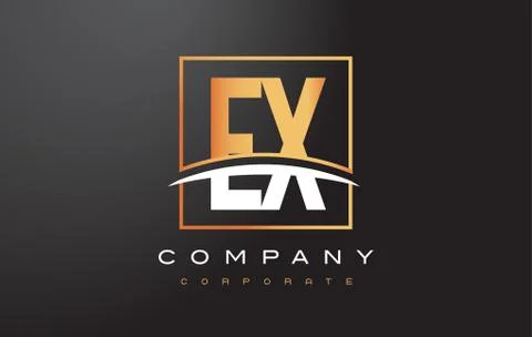 EX E X Golden Letter Logo Design with Gold Square and Swoosh. Stock Illustration