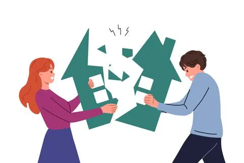 Ex-spouses divide property during divorce, breaking house in half and destroying Stock Illustration