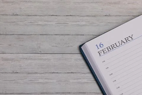 Exact date in the new diary. Important event and note space for February 16. Stock-Fotos
