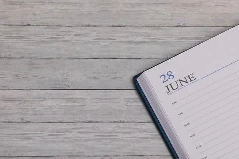Exact date in the new diary. Important event and note space for June 28. Stock Photos