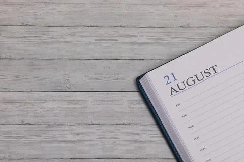 Exact date in the new diary. Important event and note space for August 21. Stock-Fotos