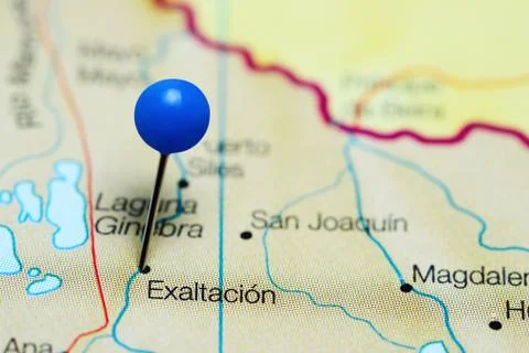 Exaltacion pinned on a map of Bolivia Stock Photos