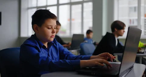 Exam In Coding Classes, Portrait Of Concentrated School Students Working With Stock Footage 280177539