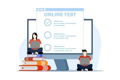Exam concept with characters, online test and checking answers, exam, test. Stock Illustration
