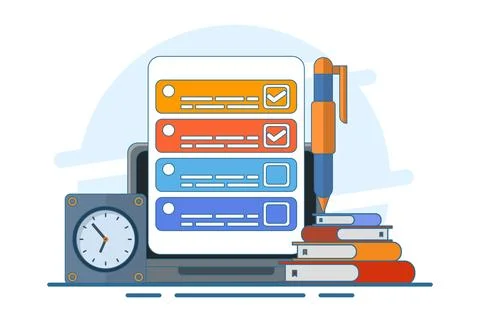 Exam concept, exam paper with timer and hourglass, Exam, Survey, Checklist. Stock Illustration