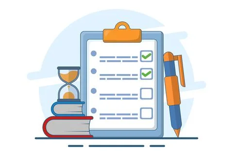 Exam concept, exam paper with timer and hourglass, Exam, Survey, Checklist. Stock Illustration