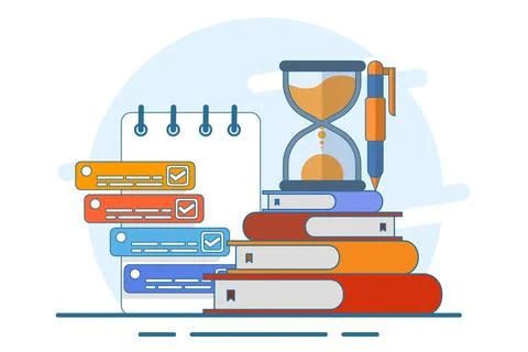 Exam concept, exam paper with timer and hourglass, Exam, Survey, Checklist. 库存插图