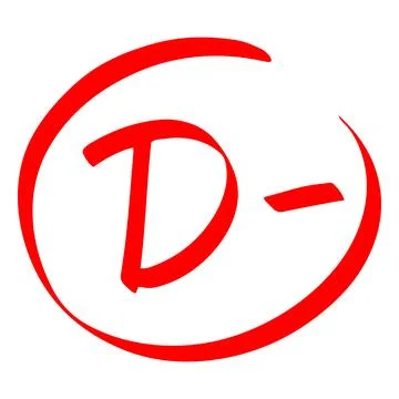 Exam grade icon, D minus, in red, handwritten, mark, result. Illustrazione stock