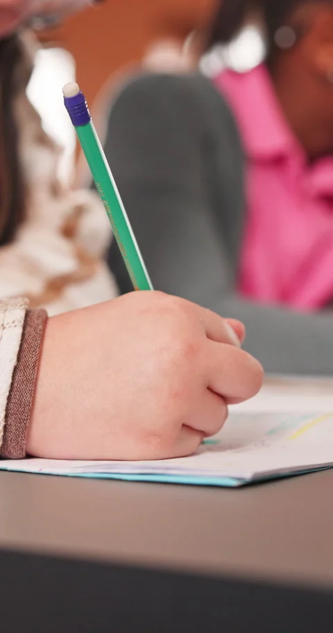 Exam, hand and students in classroom with paper, learning and pencil for Stock Footage 341487031