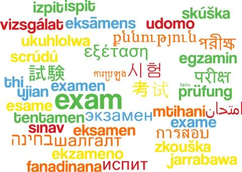 Exam multilanguage wordcloud background concept Stock Illustration