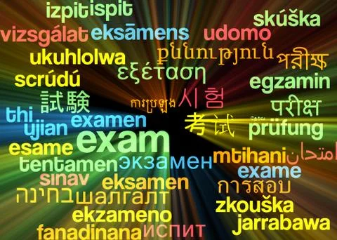Exam multilanguage wordcloud background concept glowing Illustrazione stock