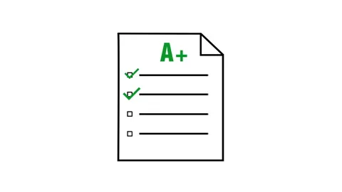 Exam paper animation with green checkmarks and a plus grade Vídeos de archivo 340523135