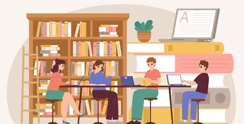 Exam preparing in group. Exams planning, college students revise study materials Stock Illustration