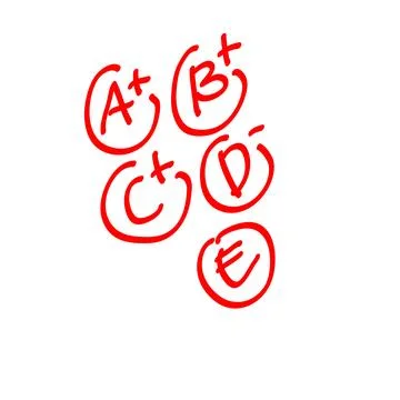 Exam result set, hand drawn letters A F in circles and do and dont marks. E.. Stock Illustration