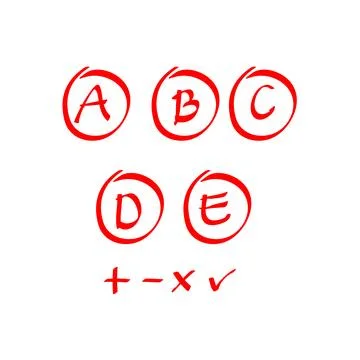 Exam result set, hand drawn letters A F in circles and do and dont marks. Stock Illustration