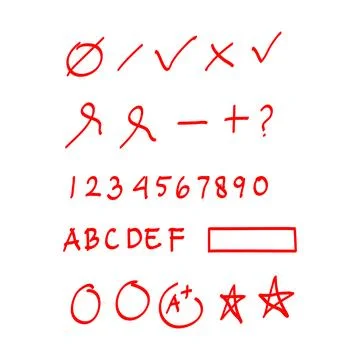 Exam result set, hand drawn letters A F in circles and do and dont marks. E.. Stock Illustration