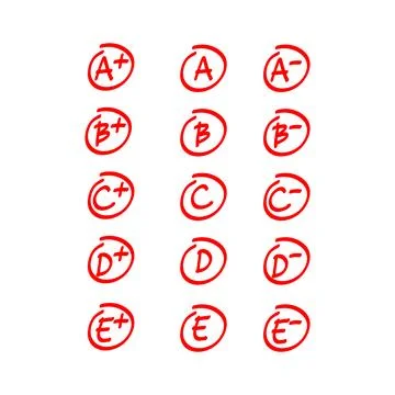 Exam result set, hand drawn letters A F in circles and do and dont marks. E.. Stock Illustration