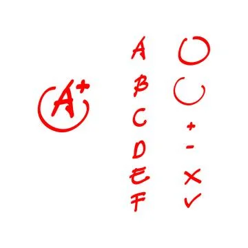 Exam result set, hand drawn letters A F in circles and do and dont marks. Stock Illustration