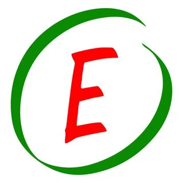Exam score marker symbol, grade result - E, bad test result red letter in green Stock Illustration