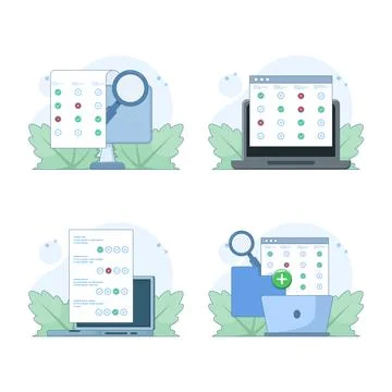 Exam, test, and evaluation illustration set in flat vector style Stock Illustration