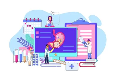 Examination stomach on electronic device concept line vector illustration. Man Illustrazione stock