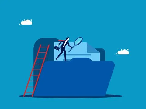 Examine document and analyze data. Businessman using magnifying glass to ex.. Illustrazione stock