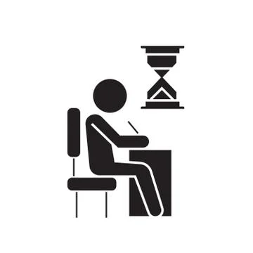Examing, test, writing man at desk black vector concept icon. Examing, test Stock Illustration
