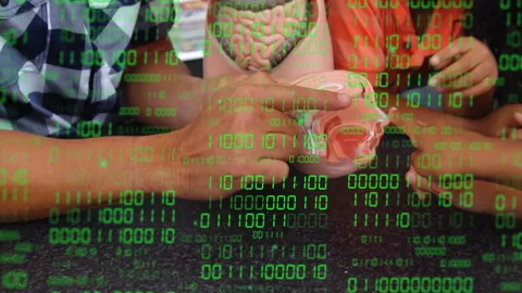 Examining anatomical brain model, people with binary code animation overlay Stock Footage 304102790