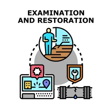 Examining damaged pipe system for restoration and repair Stock Illustration