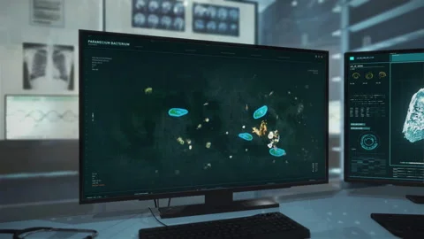 Examining the deep biological structure of the paramecium under the microscope Stock Footage 247527360