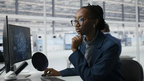Examining microchip circuit layout, artificial intelligence and developer Stock Photos