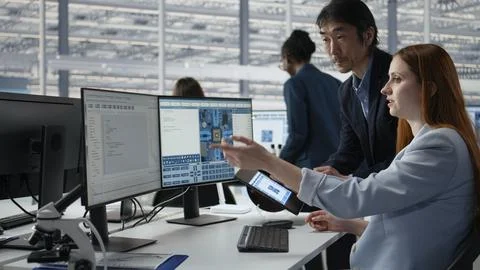 Examining microchip circuit layouts, computer and senior manager with woman Stock Photos