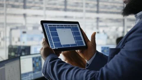Examining microchip circuit layouts, tablet close up and engineer in factory Stock Photos