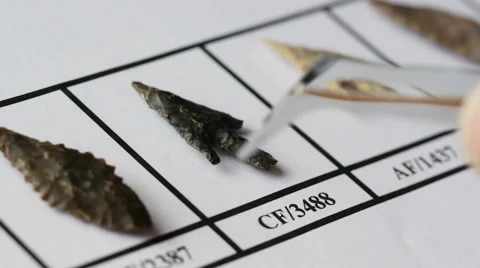 Examining neolithic flint arrowheads, 4K Stock Footage 48783417