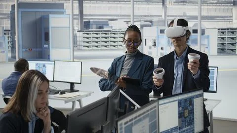 Examining semiconductor substrates, VR and microchip research experts in office Stock Photos