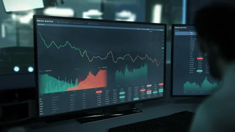 Examining the share price report graph indicating rapid cost drop of the stock Stock Footage 242195105