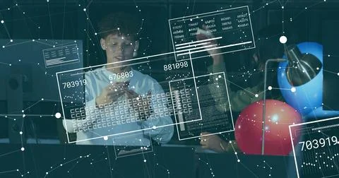 Examining two coworkers using floating UI panels in tech lab, holding phone and Stock Photos