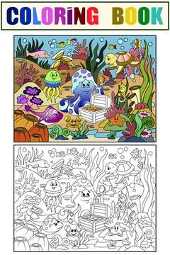 Example. Children color and coloring book, underwater world. Marine nature Stock Illustration