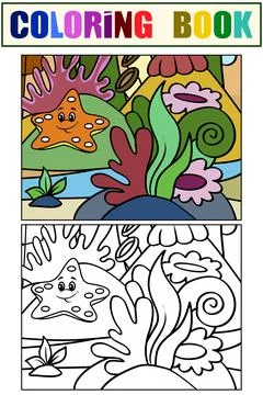 Example. Children color and coloring book, underwater world. Sea star and algae Illustrazione stock