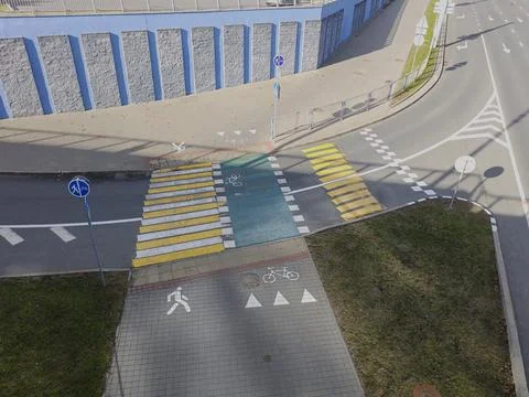 An example of competent traffic management. Top view of the road with a pedes Stock Photos