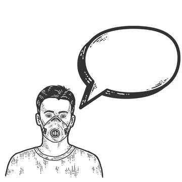 Example, a guy in a surgical mask. Says text bubble. Sketch scratch board Stock Illustration