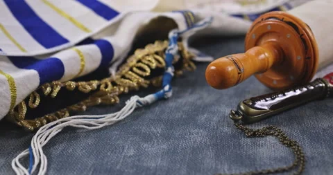 An example of Jewish religious attributes for prayer with torah holy book and Stock Footage 237322820