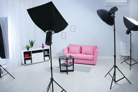 Example of living room interior design and professional equipment in photo st Stock Photos