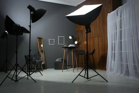 Example of living room interior design and professional equipment in photo st Stock Photos