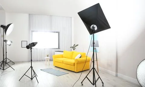 Example of living room interior design and professional equipment in photo st Stock Photos