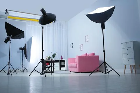 Example of living room interior design and professional equipment in photo st Stock Photos