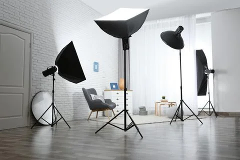 Example of living room interior design and professional equipment in photo st Stock Photos