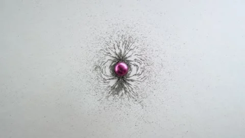 Example of magnetic field around an object, with pink magnet and iron filings Video stock 147355487