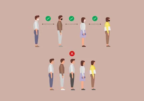 Example of People standing in line against at a safe distance Stock Illustration