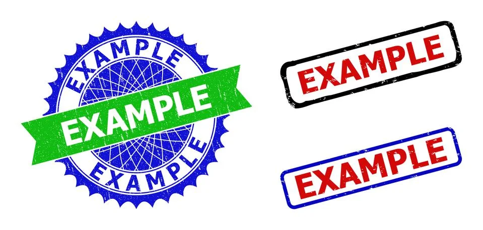 EXAMPLE Rosette and Rectangle Bicolor Stamps with Grunge Styles Stock Illustration
